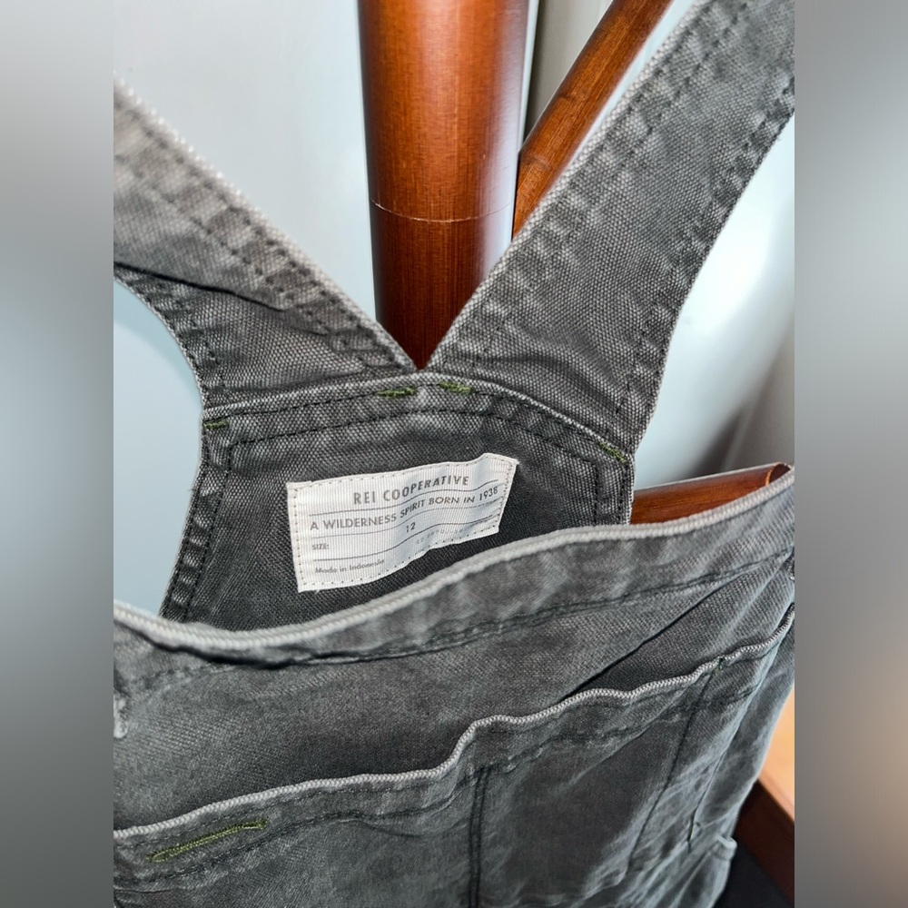 REI grey dungarees coveralls overalls